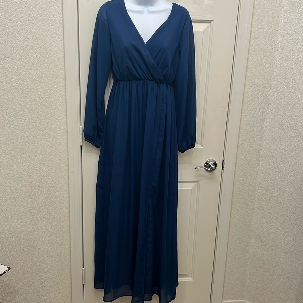 𝅺PinkBlush Maternity Dress long sleeve chiffon maxi navy blue VNeck slit front
